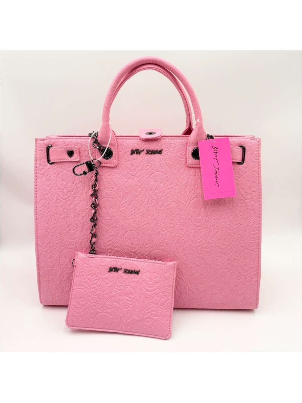 BETSEY JOHNSON PINK EMBOSSED SKULL & FLOWERS LARGE XOKIARA TOTE NEW